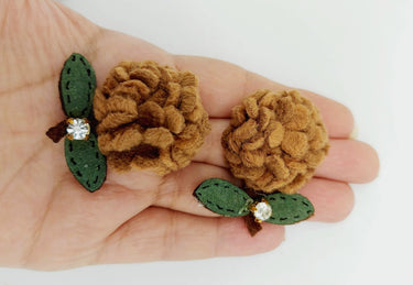 Brown and Green Floral Applique with Rhinestone, Flower Motifs x 2